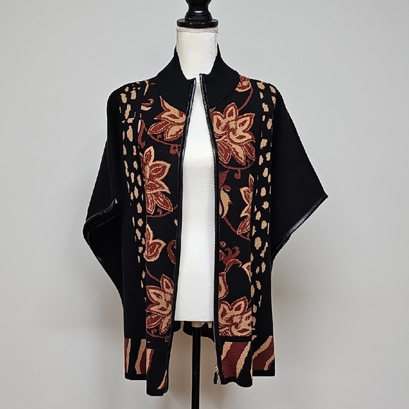Chico's Sweaters - Chicos Floral Black and Brown Women's Sweater Weight Ruana Poncho, 2 Way Zipper